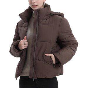 Women's Mocha Brown Cropped Puffer Jackets Warm Winter Jacket With Removable Hoo
